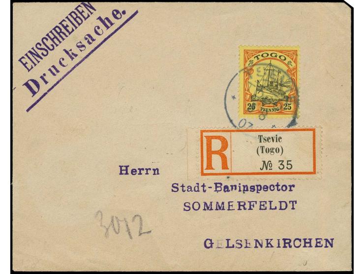 "TSEVIE TOGO 5.8.07", klar auf R-Drucksachenumschlag mit 25 Pfg. nach Gelsenkirchen mit Ankunftstempel, Pracht
