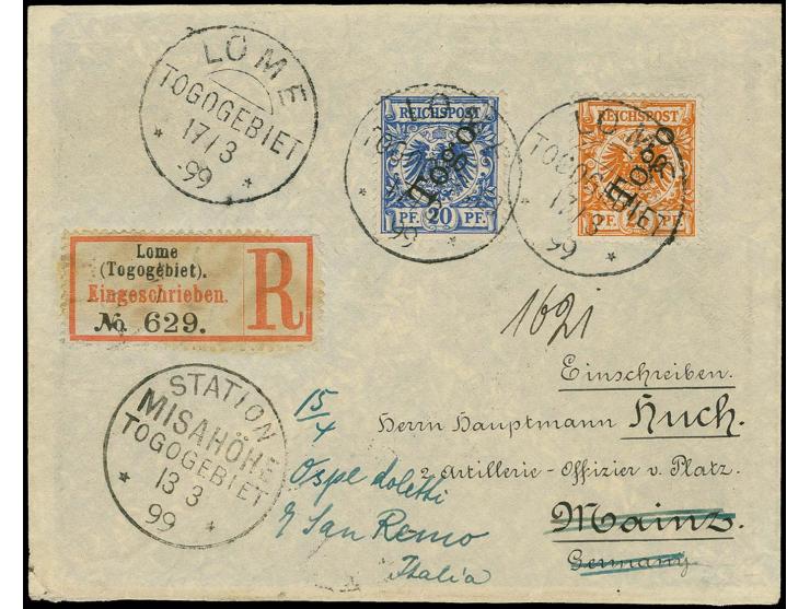 "STATION MISSAHÖHE TOGOGEBIET 13.3.99", klar als Nebenstempel auf R-Brief mit Aufdruckausgabe 25 Pfg. und 20 Pfg. je mit Stem