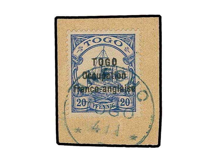 20 Pfg. mit blauem Stempel "ANECHO TOGO 4.1." auf Briefstück, Kabinett, sign. Bühler BPP und Fotoattest RPS (Mi. 1.500,-)