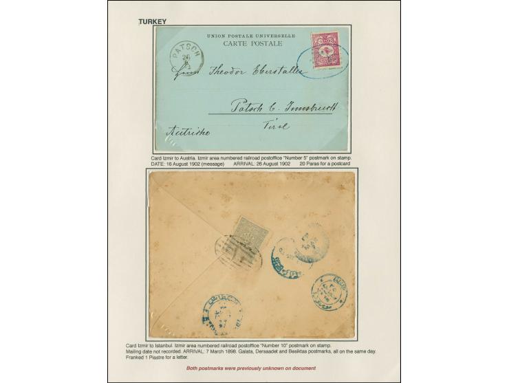 "5" and "10", in blue resp. black on postcard 1902 to Austria resp. on reverse of cover 1898 to Istanbul; very scarce, both p