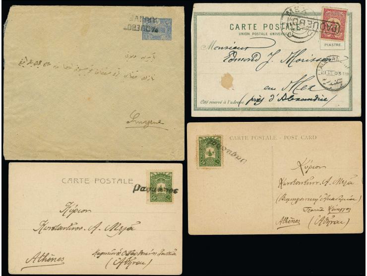 SHIP MAIL: 1903/13 (about), "PAQUEBOT ARRIVE" on postal stationery envelope to Smyrna, boxed "PAQUEBOT" on postcard to Egypt 