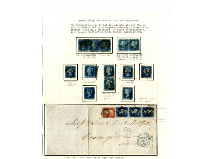 1854/55, plating study of the states and repairs of the &sbquo;A«-row and «T»-row stamps of plate 4 (imperf. & perf.), includ
