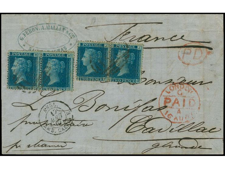 ST.THOMAS:, 1867, 2d. blue, two horizontal pairs tied by "C51" to folded letter from "ST.THOMAS JY.28"  via Bordeaux to Cadil