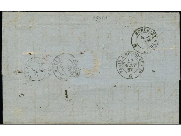 ST.THOMAS:, 1867, 2d. blue, two horizontal pairs tied by "C51" to folded letter from "ST.THOMAS JY.28"  via Bordeaux to Cadil