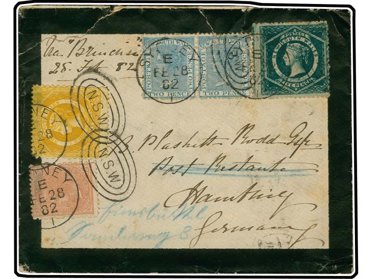 1871/1902, 1 d. salmon, 2 d. pale-blue in horizontal pair, 5 d. bluish-green and 8 d. yellow, tied by duplex "SYDNEY FE 28 82