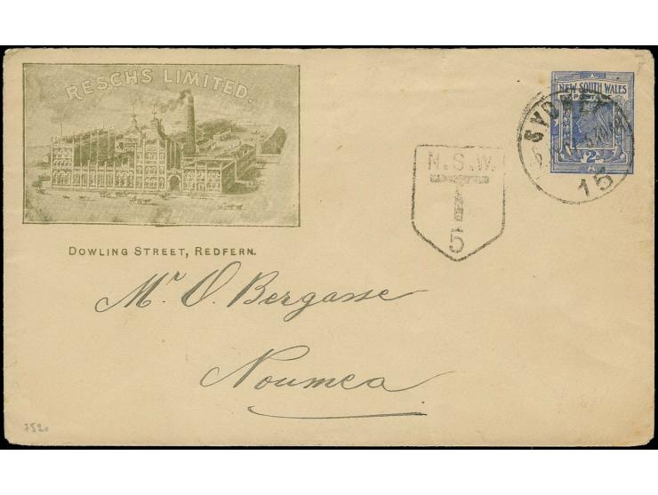 1900, private advertising envelope 2 d. "RECHS LIMITED " used from Sydney to Noumea with adjacent tax stamp "M.S.W. / T 5", v