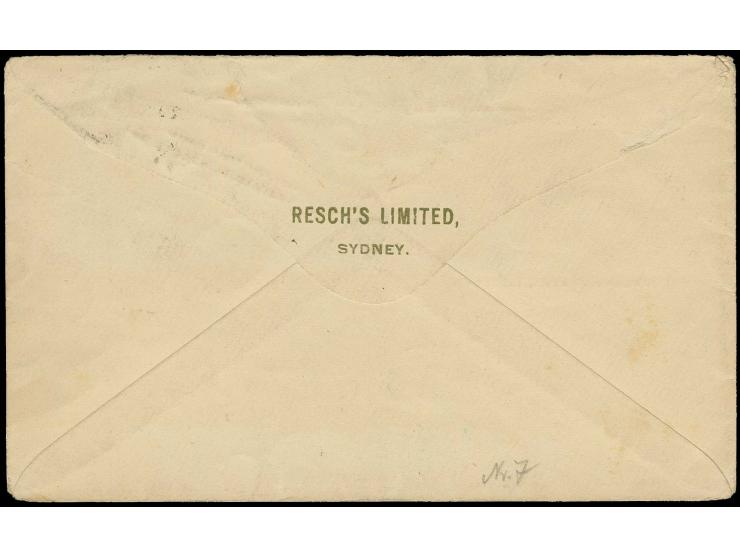 1900, private advertising envelope 2 d. "RECHS LIMITED " used from Sydney to Noumea with adjacent tax stamp "M.S.W. / T 5", v