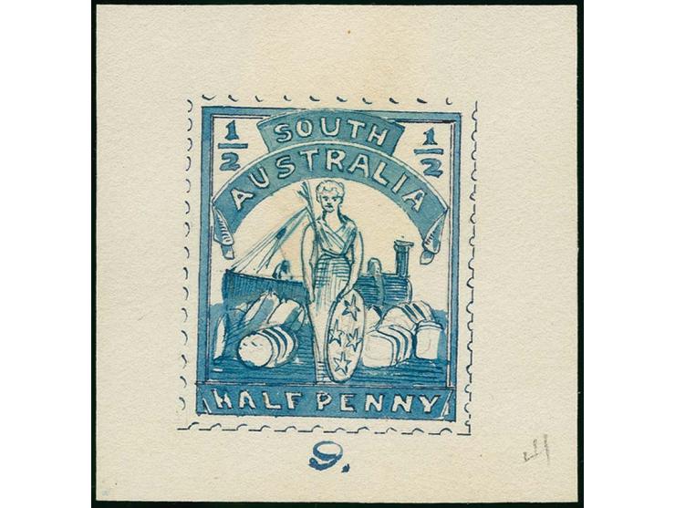 SOUTH AUSTRALIA: 1899, handdrawn essay 1/2 d. blue issue 1899 with allegory design and part of steam engine, fine and scarce