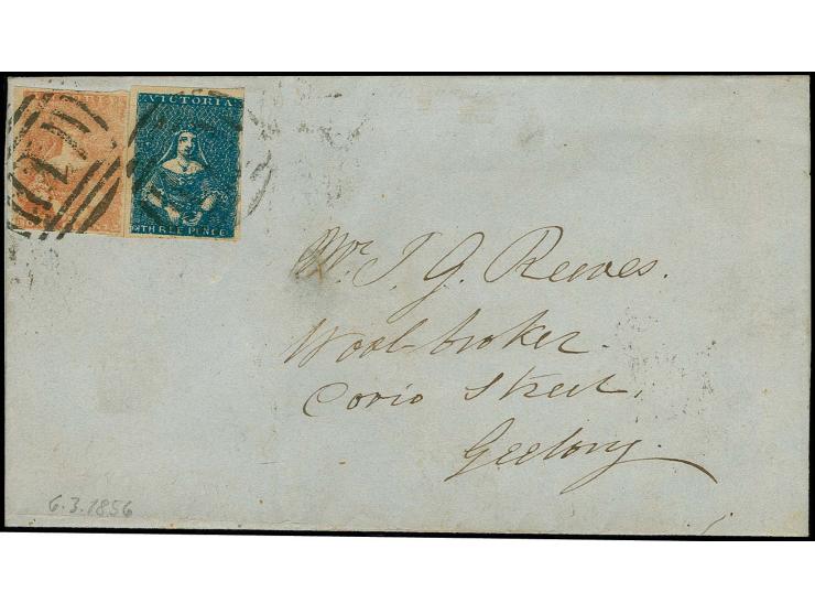 1854/57, Campbell 1d. dull red and 3 d. blue, both with clear to mostly wide margins, tied to lettersheet 1856 from Melbourne