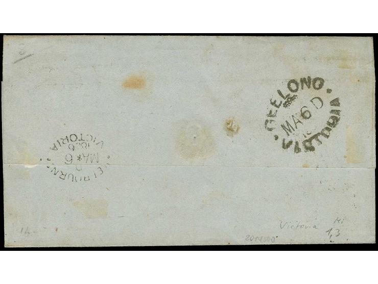 1854/57, Campbell 1d. dull red and 3 d. blue, both with clear to mostly wide margins, tied to lettersheet 1856 from Melbourne