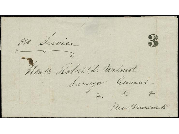"3" in black on lettersheet endorsed "on Service" 1851 from Fredericton to Robert D. Wilmot, Surveyor General of New Brunswic