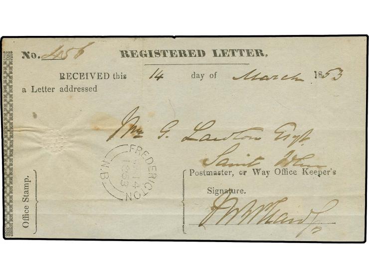 "FREDERICTON MR 14 1853" on complete receipt for a registered letter to St. John