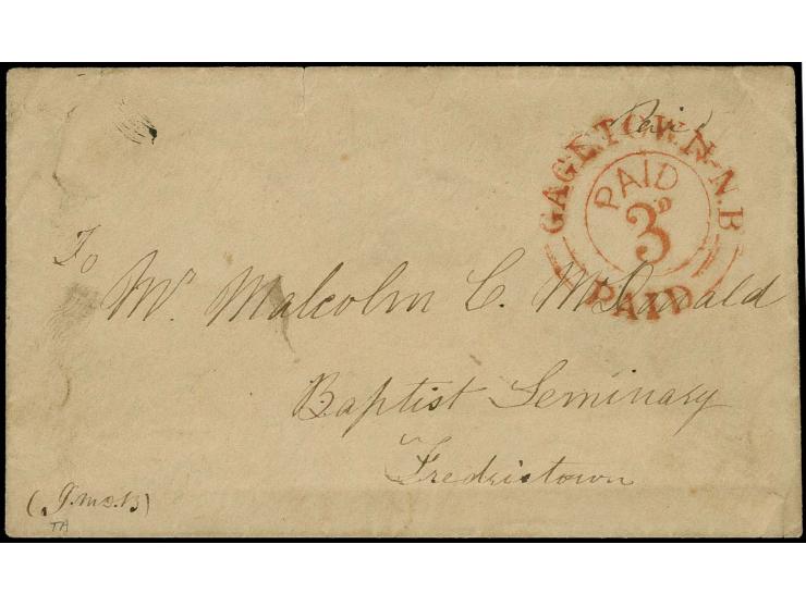 "GAGETOWN N.B. PAID" and inside "PAID 3 D", both in red on small envelope from Gagetown to Fredericton, fine and scarce