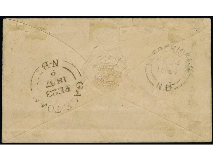 "GAGETOWN N.B. PAID" and inside "PAID 3 D", both in red on small envelope from Gagetown to Fredericton, fine and scarce