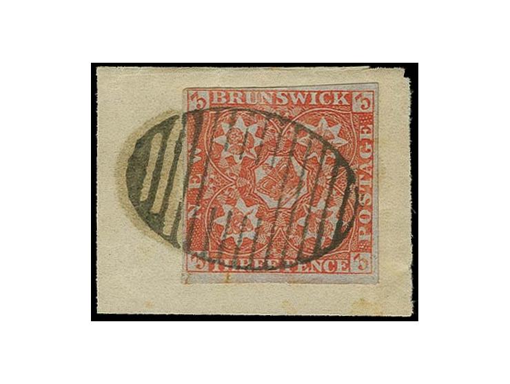1851/60, 3 d. bright-red with clear to large margins, tied by clear grid to piece; tiny marginal tear just touching the frame