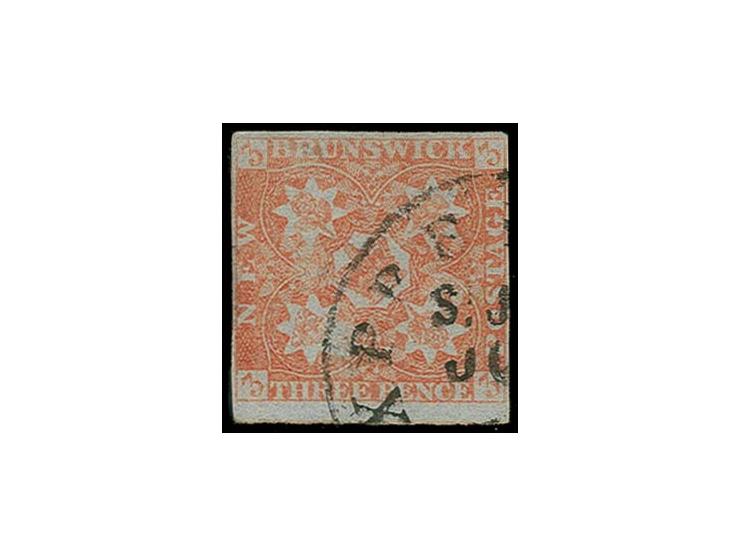 3 d. dull-red with scarce cancellation of St. John express mail cds., repaired tear and small thins