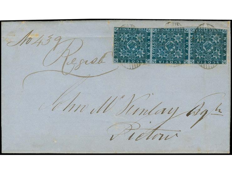 3 d. deep-blue, horizontal strip of 3, partly touched at bottom, otherwise clear to good margins, tied by oval grill to regis