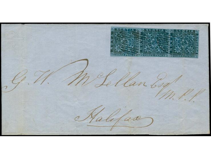 3 d. deep-blue, horizontal strip of 3 used on triple rate entire letter 1854 from Trouro to Halifax; filing creases affecting