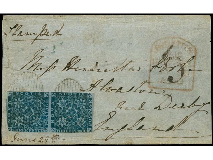 3 d. blue, horizontal pair, tied to small envelope (one side flap missing) 1856 to England, short paid by 1½ d. currency, sho