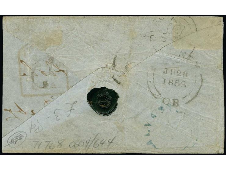 3 d. blue, horizontal pair, tied to small envelope (one side flap missing) 1856 to England, short paid by 1½ d. currency, sho