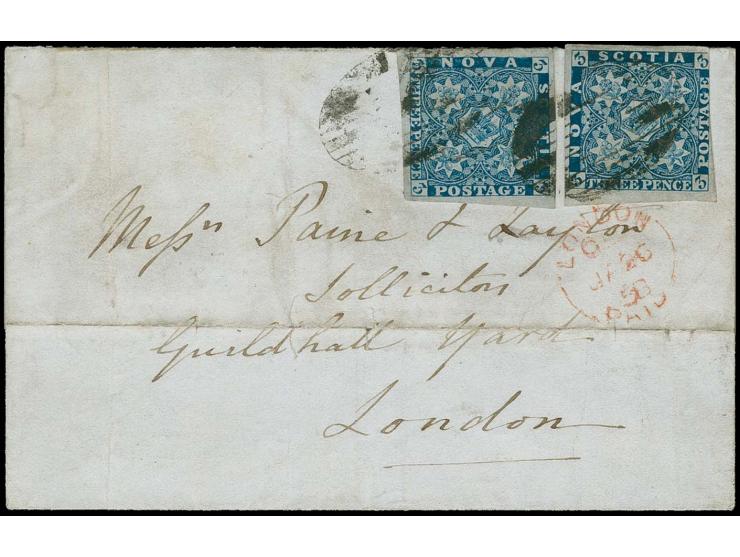 3 d. blue, 2 single copies, one slightly cut into at one side, otherwise large to huge margins, tied to lettersheet 1858 from
