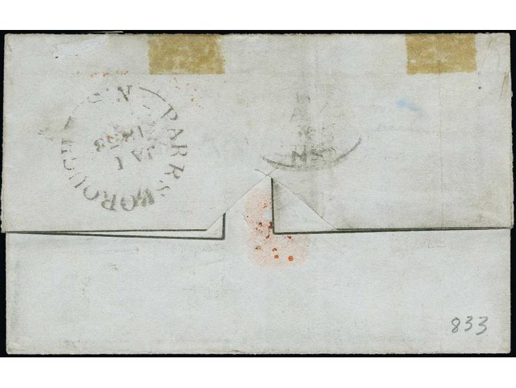3 d. blue, 2 single copies, one slightly cut into at one side, otherwise large to huge margins, tied to lettersheet 1858 from