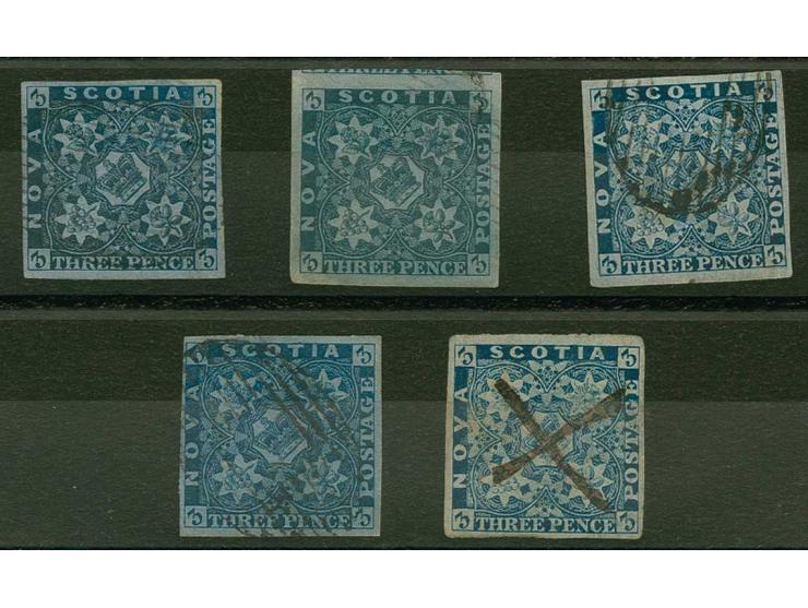 3 d. blue, 5 copies incl. different shades, one copy cancelled by pen cross (certificate Greene), all with good to partly eno