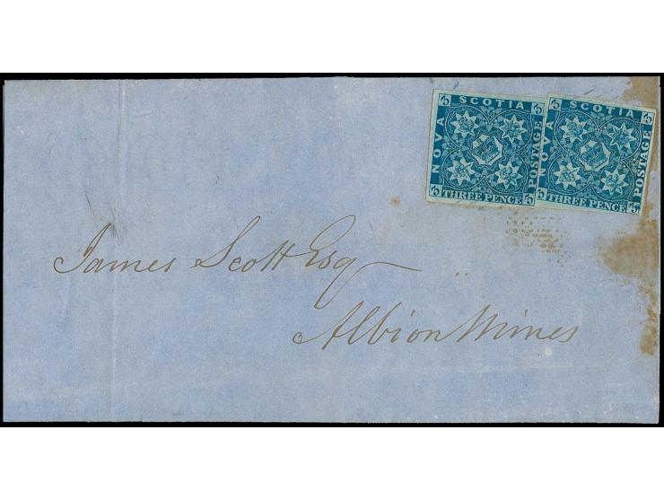 3 d. pale-blue, 2 copies, both with clear to mostly wide margins, tied by light cancel to lettersheet from Halifax to Albion 