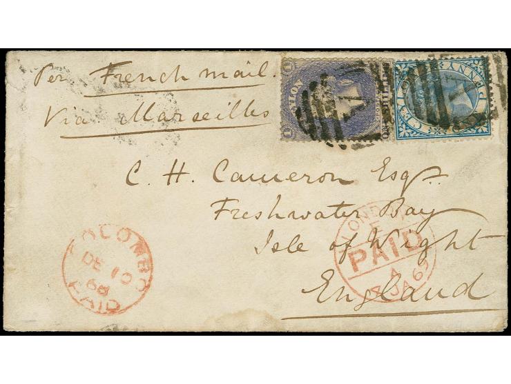 1 shilling slate-violet, rough perforation 14:15½, in combination with 1866/68, 1 d. blue, both tied by "A" in bars to small 