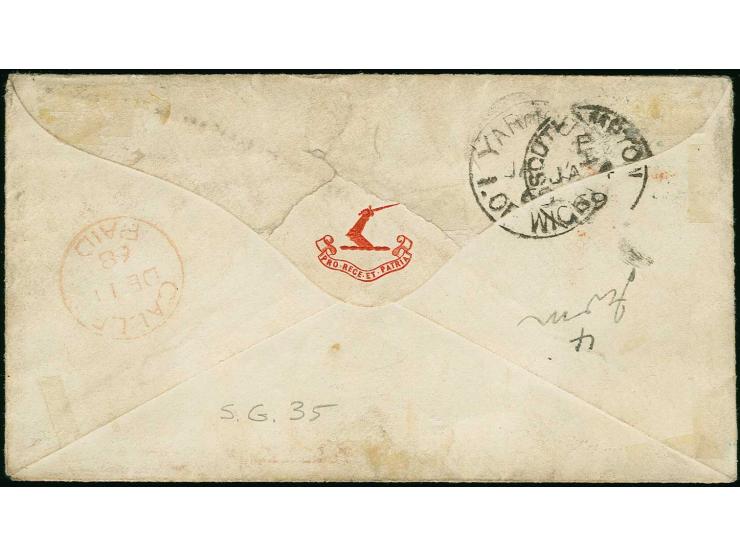 1 shilling slate-violet, rough perforation 14:15½, in combination with 1866/68, 1 d. blue, both tied by "A" in bars to small 