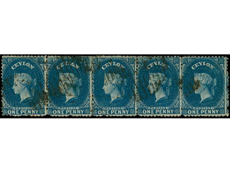 1862, issue without watermark 1 d. dull-blue perf. 13, horizontal strip of 5, used, somewhat cresased; a scarce multiple, cer