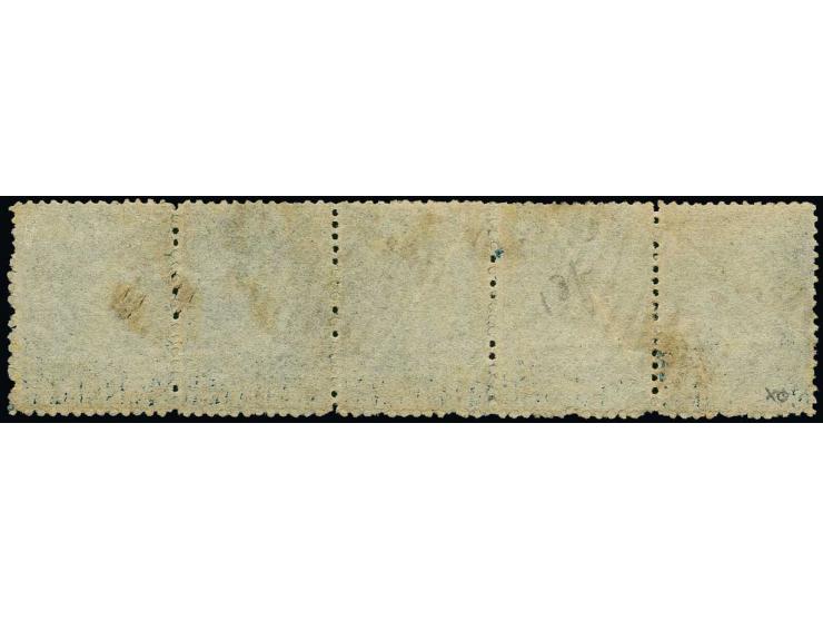 1862, issue without watermark 1 d. dull-blue perf. 13, horizontal strip of 5, used, somewhat cresased; a scarce multiple, cer