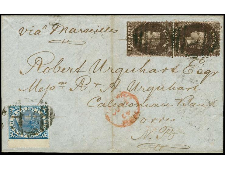 1867/70, 6 d. blackish-brown, vertical pair in combination with 1868, 1 d. blue, tied by "A" in bars and additional pen strok