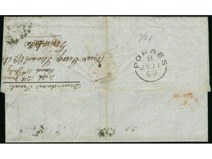 1867/70, 6 d. blackish-brown, vertical pair in combination with 1868, 1 d. blue, tied by "A" in bars and additional pen strok