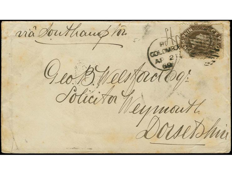 1867/70, 9 d. bistre-brown (deep shade), tied by oval of bars and cds. "COLOMBO AP 2 69" to envelope to England; slight creas