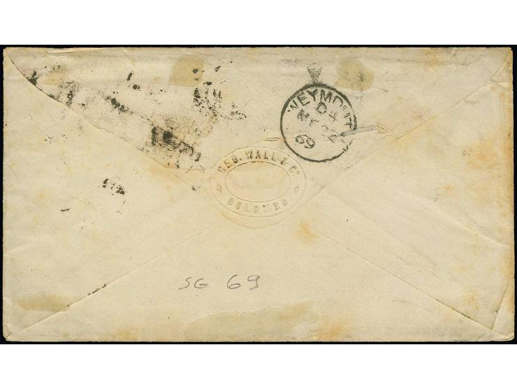 1867/70, 9 d. bistre-brown (deep shade), tied by oval of bars and cds. "COLOMBO AP 2 69" to envelope to England; slight creas