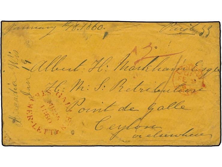 INCOMING MAIL: 1860, cash paid envelope from "LONDON FE 9 60" to Galle, showing on front red "GALLE STEAMER-LETTER"
