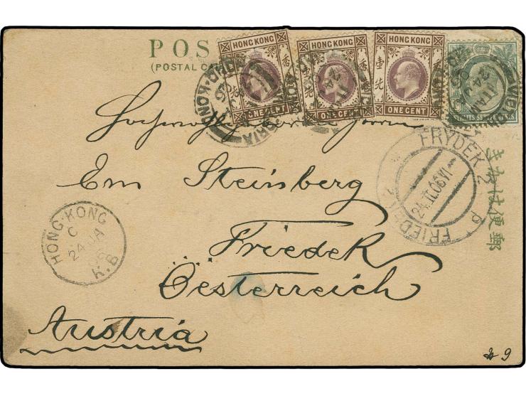 1903, Edward 1 c., 3 copies together with Straits Settlements 1 c., all tied by cds. "VICTORIA 24 Ja 06" to postcard with adj