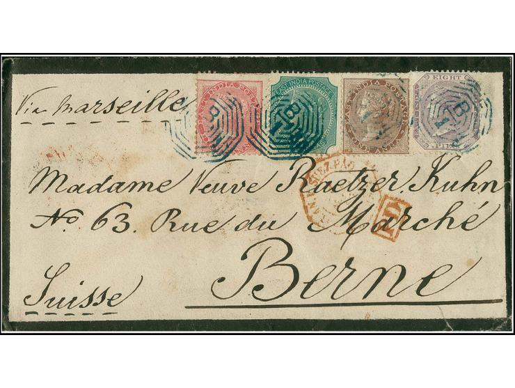 1856, Victoria 8 p. lilac, 1 a. brown, 4 a. green and 8 a. red tied by blue octogonal "B1" to mourning cover from Calcutta wi