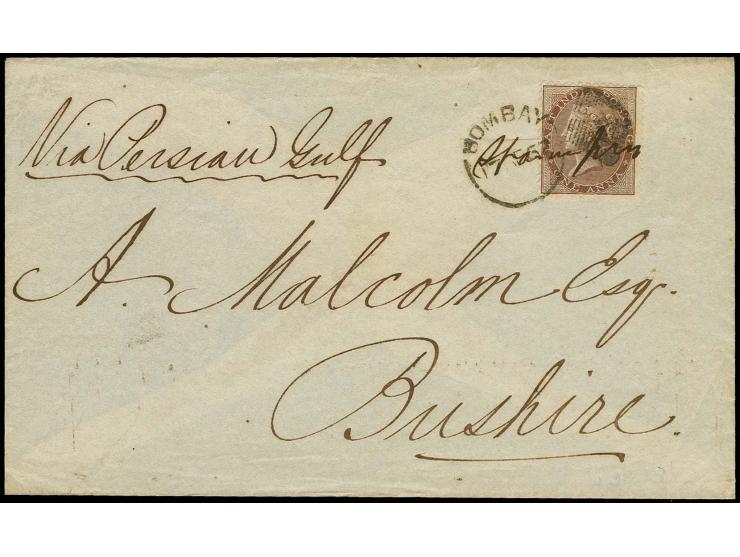 1865, 1 a. brown tied by duplex "BOMBAY 17. AP 67" and additional manuscript "stamped" to printed matter envelope endorsed "v