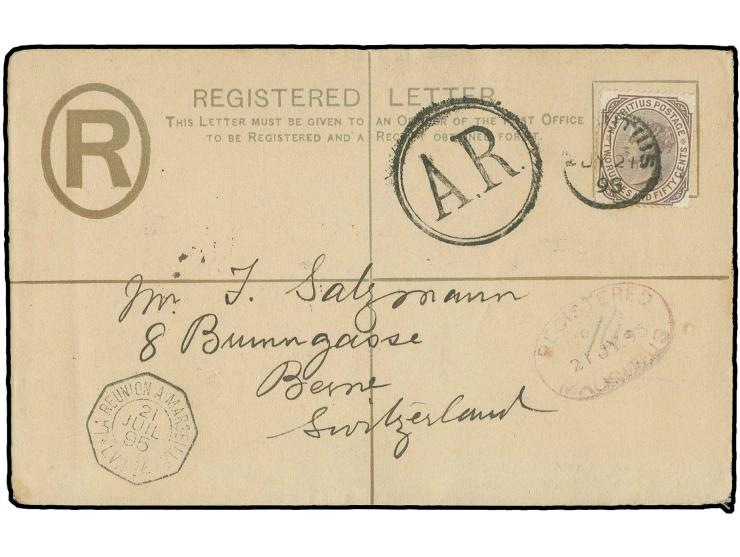 2,50 r. brown-purple used on registered envelope 8 c. from "MAURITIUS JY 21 95" to Switzerland, showing clear strike of rare 
