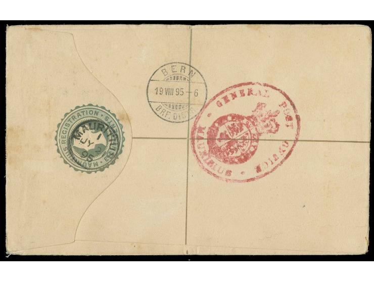 2,50 r. brown-purple used on registered envelope 8 c. from "MAURITIUS JY 21 95" to Switzerland, showing clear strike of rare 