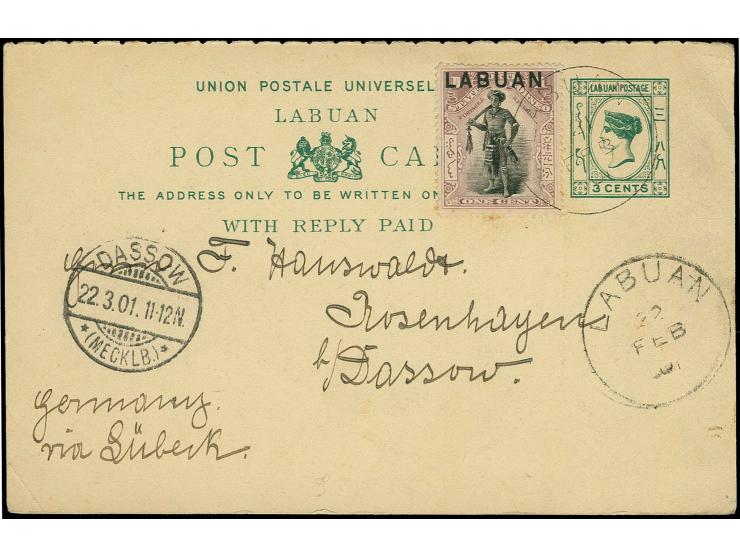 1897/1901, 1 c. tied by cds. "LABUAN 22 FEB 1901" to main part of double card 3 c. green to Germany with arrival mark on fron