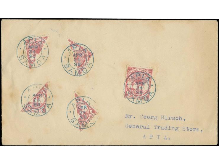 1886, 1s. rose bisected, 4 halfs and one normal 1s. value tied by cds. "APIA APR 24 95" to cover addressed by typewriter to l
