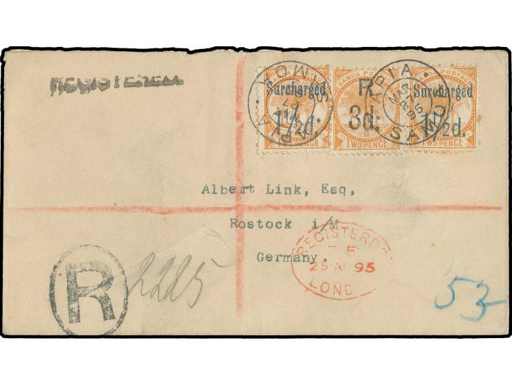 1½d. on 2d. dull orange two singles and 3d. on 2d. dull orange tied by cds. "APIA MAR 27" to registered cover to Rostock, fin