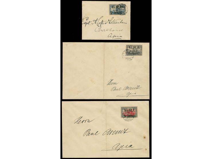 1914, G.R.I. 2 sh.-5 sh. on 3 philatelic covers, 5 sh. cancelled by favour with erroneosly backdated Apia 12.9.13 cds.; 2 cov