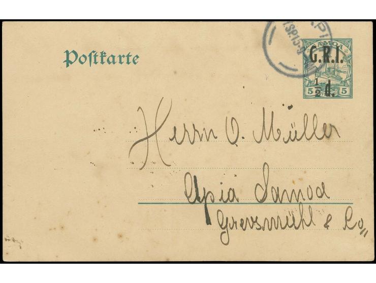 POSTAL STATIONARY: ½d. on 5 pfg. with english cds. "APIA 1.SP.15" to Apia, slightly stained, otherwise fine, signed Kilian