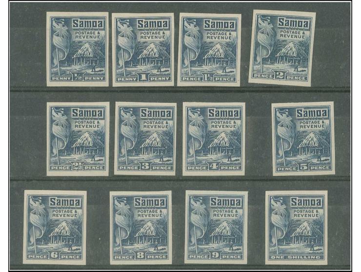 1921, Samoan house, ½d.-1s. as imperforated plate proofs in blue, without gum, fine
