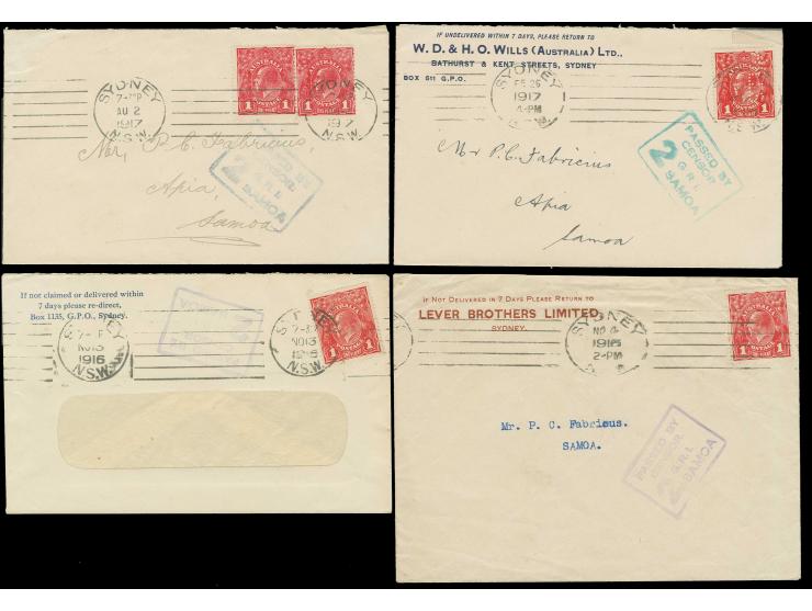 "PASSED BY CENSOR 2 G.R.I. SAMOA", one green and three violett strikes on 4 covers from Sydney, each franked with KGV 1d., fi