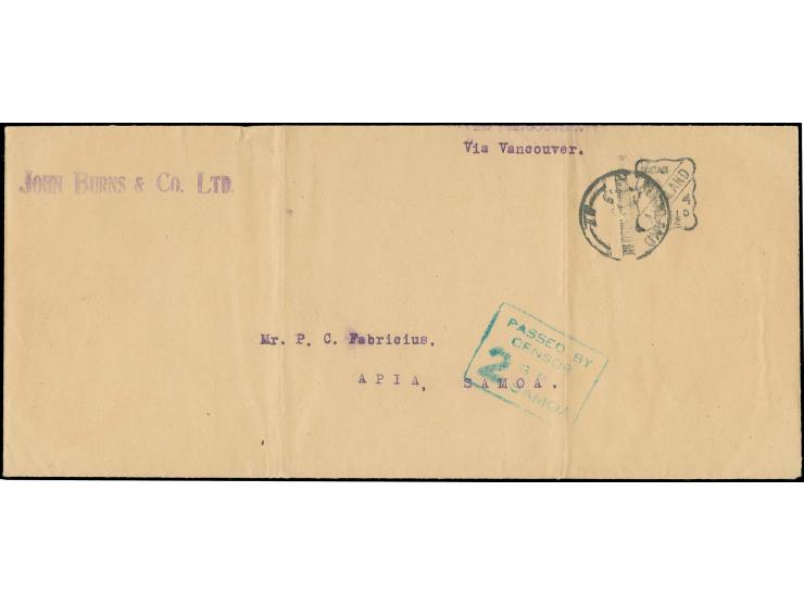"PASSED BY CENSOR 2 G.R.I. SAMOA" green strike on front of cover from New Zealand with meter mark franking to Apia, few folds